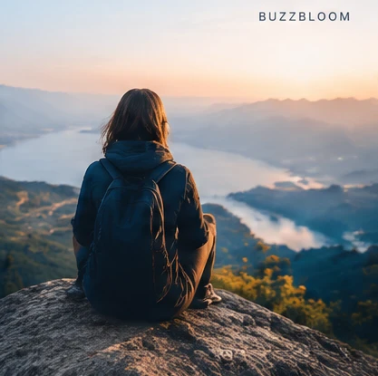 A person overlooking a mountain lake at sunrise